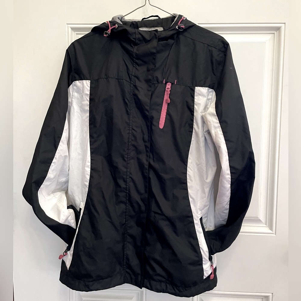 Warehouse One Windbreaker in Medium. Black and white with hot pink highlights.